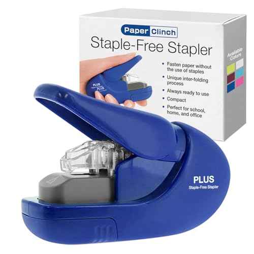 PLUS Paper Clinch Compact Staple-Free Stapler ? Fastens up to 5 Sheets, No Staples Needed, Eco-Friendly, Safe for Kids, Blue