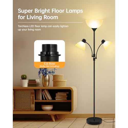 Floor Lamp, Torchiere Floor Lamps for Living Room, 71 Inch Tall Standing Lamp, Bedroom Lamps with Gooseneck Light, Rotary Switch, 3 Plastic Lampshade, Torch Floor lamps for Bedroom (Black, No Bulb)