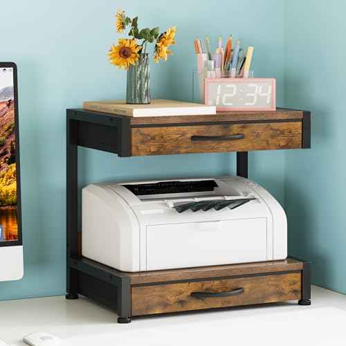 2-Tier Desktop Printer Stand with 2 Fabric Drawers, Prtiner Table with Storage Shelf, Desk Organizer for Home Office,3D Printer,Fax Machine,Scanner (Brown, 2 Tier)