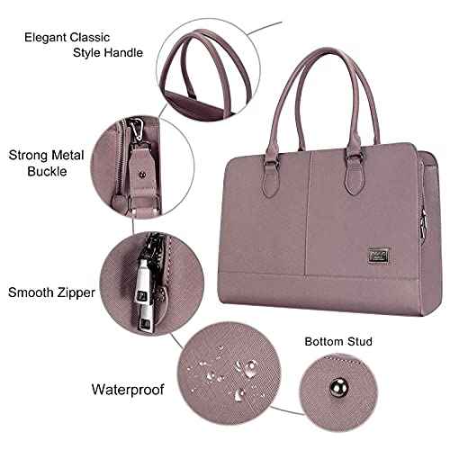 MOSISO Women Laptop Tote Bag (15-16 inch), PU Leather Large Capacity with 3 Layer Compartments Business Work Briefcase Shoulder Laptop Bag, Purple
