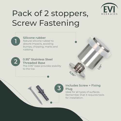 Pack of 2 EVI Door Stoppers | Stainless Steel Door Stopper - Screw Fastening - White Rubber Protector - 0.95 x 1.19 Inch Door Stop