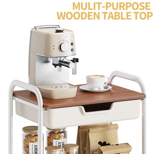 TOOLF 3-Tier Metal Utility Rolling Cart with Drawer & Wooden Table Top, Storage Cart White Trolley Kitchen Organizer Rolling Desk with Locking Wheels for Office, Classroom, Dorm, Bedroom