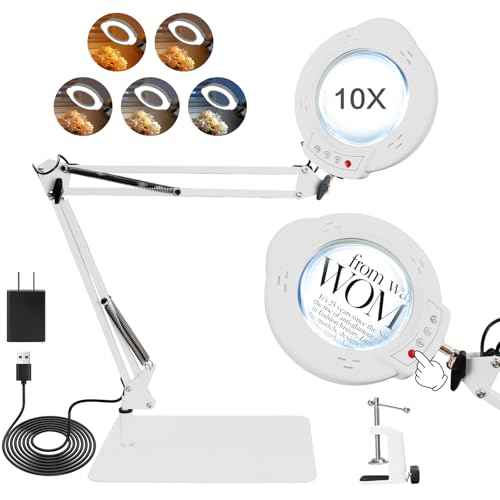 2-in-1 Desk Lamp & Clamp Light, 10X Magnifying Glass with Light and Stand, 5 Color Modes 10 Brightness Dimmable LED Desk Lamp,14.5inch Adjustable Swing Arm for Reading Crafts Painting Close (White)