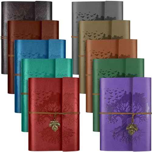 10 Pack PU Leather Journal Notebook, Refillable Journal Bulk, Vintage Travel Journals for Writing, Gift Diary Journal for Women, Men, Girls, 100GSM Lined Paper, Each 160 Pages & 2 Pockets (A6, 5"x7" )