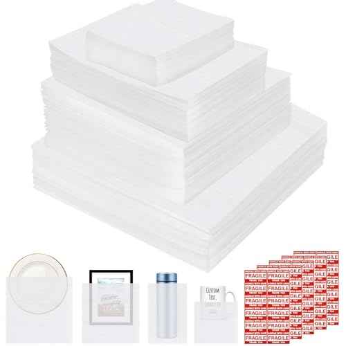 260pcs Cushioning Foam Pouches Moving Supplies, 4 Sizes (16x16inch,12x12inch sheets,12x7.5inch,7.5x7.5inch) Use Packing Supplies for Moving, Packaging, Storage Incidental 60 Fragile Stickers, Clear
