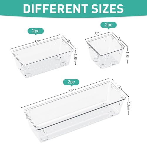 WOWBOX 6 Pack Clear Drawer Organizer Set, Stackable Storage Bins for Kitchen & Office