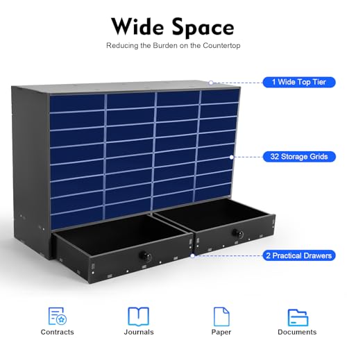 JLYNOWPT Literature Organizer, 32 Compartments Desktop File Sorter with 2 Drawers, Black