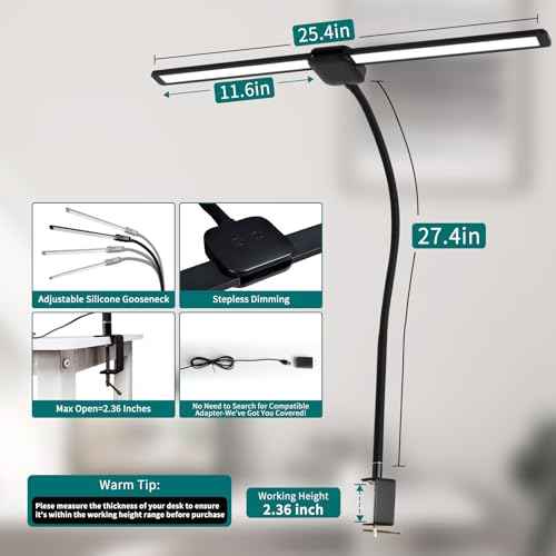 LED Desk Lamp with Two Heads, Clamp On Desk Lamps, 12W, 2000 LMS, CRI>90, 5 Color Modes (2700K-6500K), Various Brightness Levels, Adapter Included