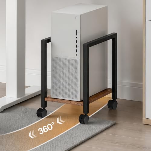 HOOBRO Rustic Brown + Black Computer Tower Stand Under Desk, Adjustable 6.7-10.8 in, Rolls on Casters