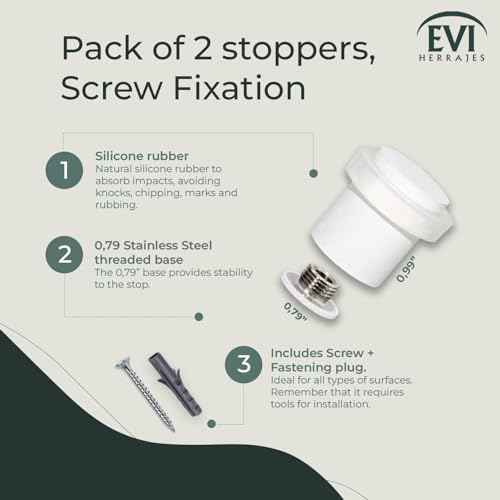 Pack of 2 EVI Door Stoppers | White Stainless Steel Door Stopper - Screw Fastening - White Rubber Protector - 0.79 x 0.99 Inch Door Stop