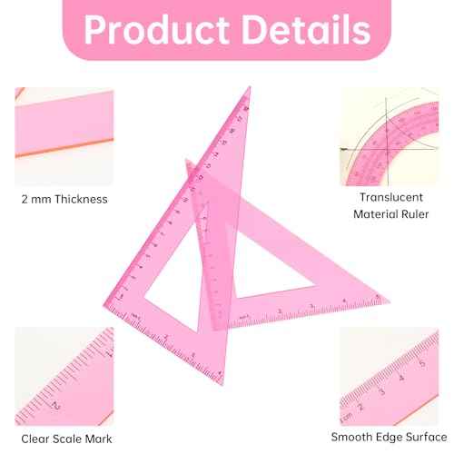 6 PCS Pink Ruler Set Includes Plastic Straight Ruler 12 & 6 Inch, Clear Protractor, Triangle Rulers Math Geometry Set Measuring Tool Transparent School Supplies for Home Office Drawing