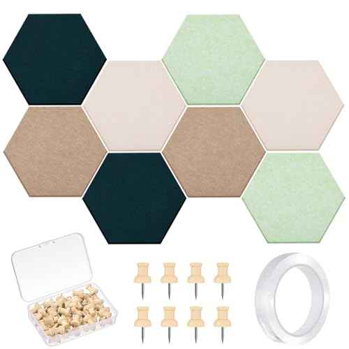 16 Pcs Hexagon Cork Board for Walls with 50 Wooden Push Pins 12x10 in Felt DIY Tiles Notice with Nano Tape Hanging Bulletin Board for Home Photo Office Memo Note (Green)