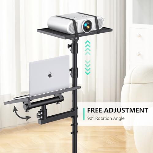 Projector Stand Tripod: 2 Shelves Mobile Laptop Cart Adjustable Height 45 to 64 Inches, Rolling Laptop Stand Cart with Ventilated Tray, Projector Tripod Stand on Wheels for Couch, Bedside, Meeting