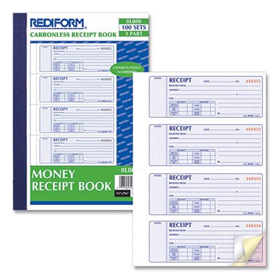 Rediform 11" x 8" Money Receipt Book, 100 Sets, 3-Part Carbonless, 4 Per Page (8L808) with Detachable Forms