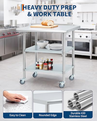 Garvee 24x30x34 inch Stainless Steel Work Table with Casters & 2 Shelves (Variation: Table With Casters&2 Shelves / 24x30inch)