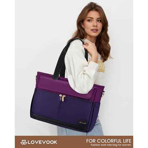 LOVEVOOK Upgrade Version Work Bags for Women 15.6 Inch Laptop Bag Large Capacity Mutiple Pockets Teacher Bag Water Resistant Canvas Tote Bag Purse for Office Travel Nurse Teacher, Dark Purple-Black