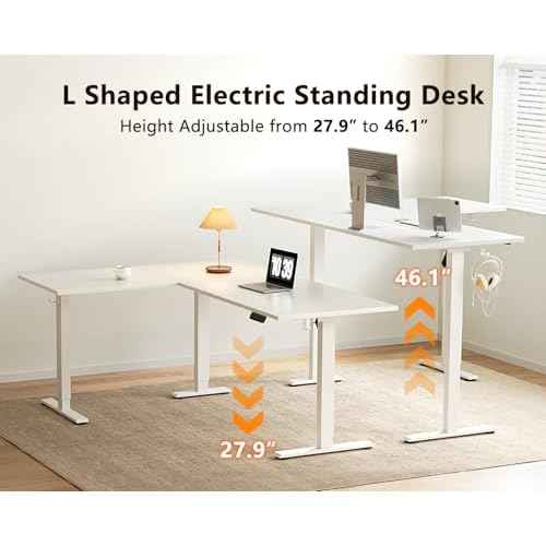 Casaottima 63 Inch Reversible Electric L Shaped Standing Desk, Height Adjustable Corner Stand up Desk, Ergonomic Large Lift Table for Home, Office, Workstation, White