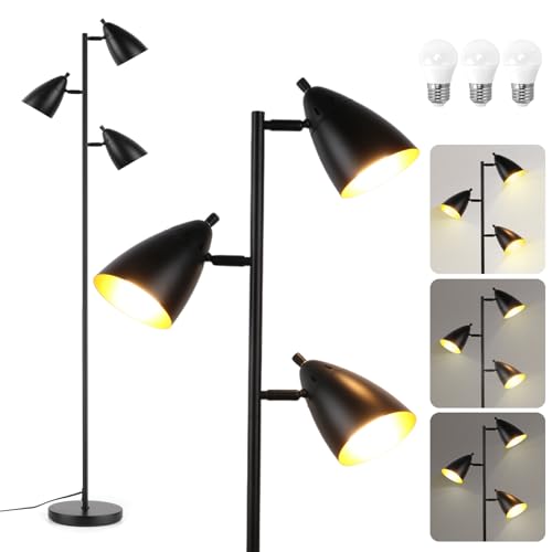 Tree Floor Lamp for Living Room, Industrial 3-Light Standing Lamp with 3 LED Bulbs, Adjustable Rotation Heads, Standing Tall Pole Lamp Farmhouse Rustic Reading Lamps for Bedroom Office (Black)