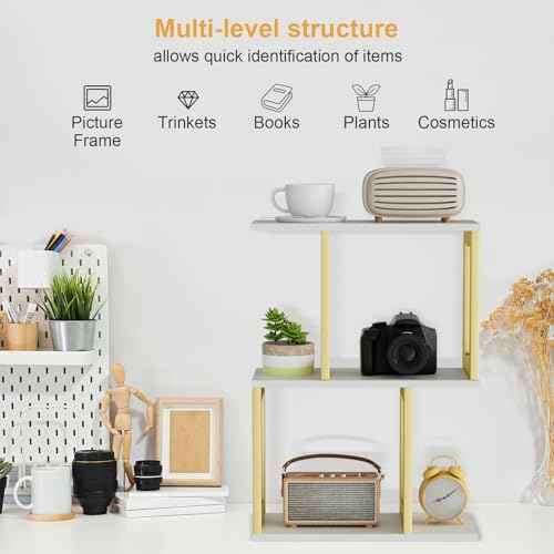 Book Shelf, 3-Tier Desk Shelf for Desktop Organizer, Wood and Metal Desktop Shelf Display Shelf Desk Hutch for Dorm Office Home White with Gold