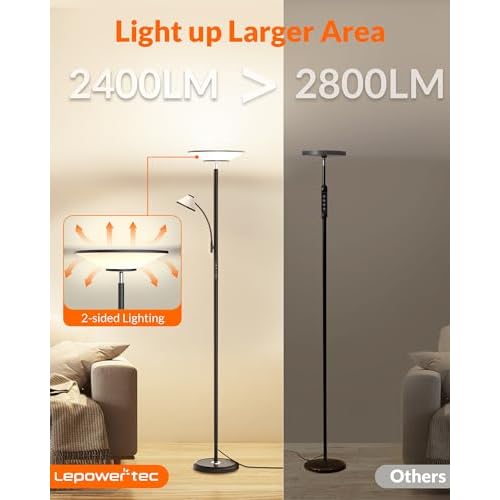 LEPOWER-TEC Bright Floor Lamp, Standing Lamp with Remote & Wall Switch, 60 Lighting Effects, Adjustable Torchiere Corner Light for Living Room, Bedroom, Office. Perfect for Reading & Ambiance