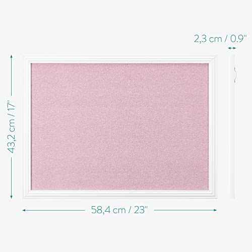 Navaris Framed Linen Bulletin Board - 17 x 23 inches Fabric Jewelry Organizer Pinboard for Wall Memory Memo Pin Board - Pink Linen with White Frame