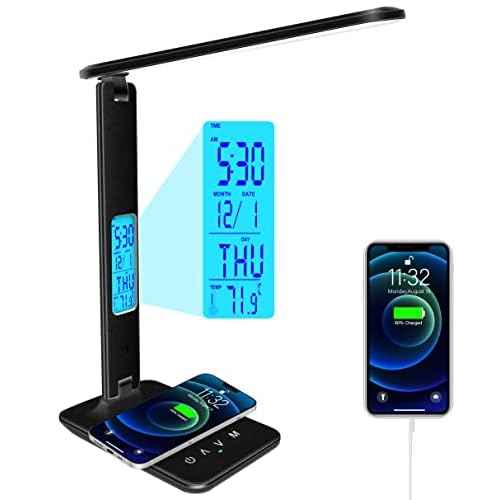 Desk Lamp with Wireless Charger£¬USB Charging Port, Dimmable Office Desk Light with Clock, Alarm, Date, Temperature, Foldable Lamp for Table Bedroom Bedside Office (Black, Standard Size-13.3 inch)