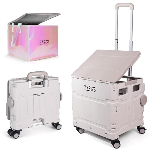 792 & CO Foldable Rolling Crate with wheels for Teachers - Rolling Cart with Wheels & Bonus Insulated Bag - Collapsible Folding Utility Cart for Grocery Shopping & Supplies - Quick Mobile Teacher Cart