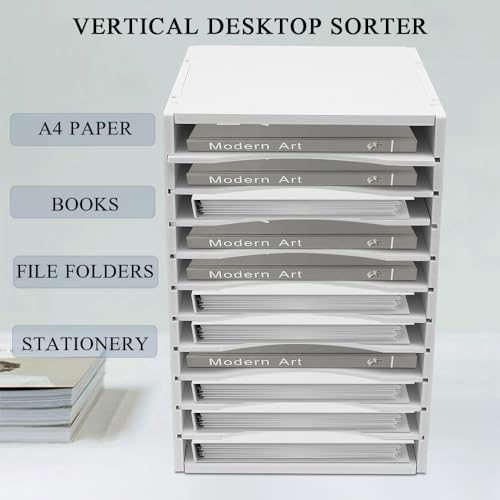 Vertical Desktop Sorter, 11 Slots Wooden Mail Organizer, Paper Sorter Organizer with 11 Slots Adjustable, Construction Paper Storage Mailbox for Classroom Office, White