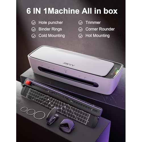 6 In1 Laminator Machine, 9 Inch A4 Laminating Machine, Desktop Thermal Laminator, Never Jam, 15 Laminating Pouches, Paper Trimmer, Corner Rounder, 1 Min Fast Warm-Up, Home Office School Use