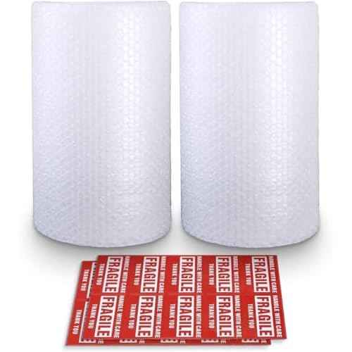 Bubble Cushioning Wrap Rolls, 3/16" x 12" x 72' ft Total [2 Rolls of 36 Feet] Perforated Every 12", 20 Fragile Stickers for Packaging, Shipping, Mailing