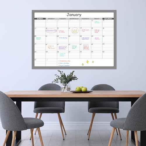 Large Dry Erase Calendar - Undated 1 Monthly Wall Calendar Laminated, 40" x 28", Blank Reusable Calendar Planner with Large Daily Boxes, Notes, Stickers, Great for Home, Office, Classroom, Grey