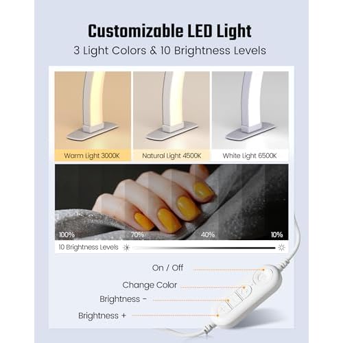 Half Moon Light for Nail Desk, Foldable Arch Nail lamp for Desk with Rhinestones,CRI¡Ã90 LED with Phone Holder, Shadowless Table Lamp Perfect for Manicure Handicraft Lighting,White