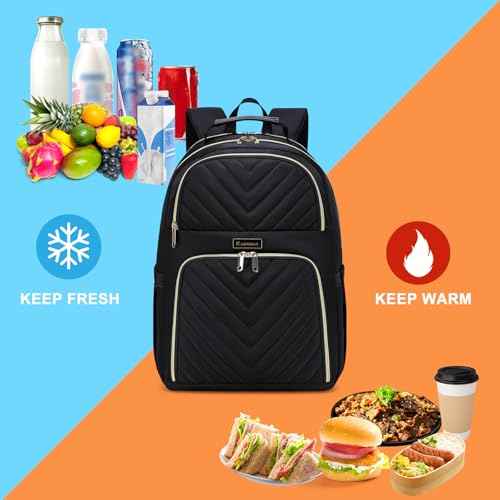 Lunch Backpack for Women, Water Resistant Insulated Cooler Lunch Bag, 15.6 inch Laptop Backpacks with USB Port, Picnic Backpack with Lunch Box for College Work Camping Beaches, Black