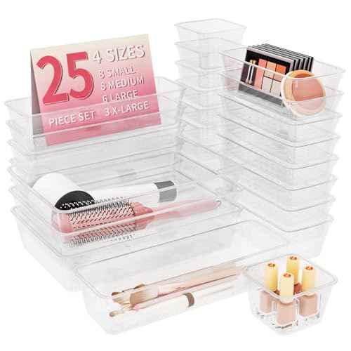 25 PCS Plastic Drawer Organizer Set, 4-size Clear Bathroom and Vanity Desk Drawer Organizer Trays, Non-Slip Versatile Storage Bins for Makeup Jewelry Office Kitchen Gadgets