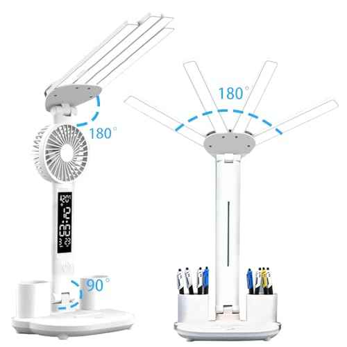 Led Desk Lamp with Fan Study Light with Clock, Adjustable Foldable Table Lamp with Pen Holder, 3 Brightness Levels, USB Charging Port