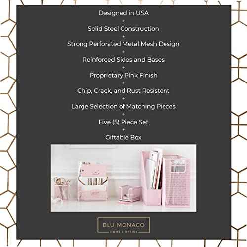 BLU MONACO 5 Piece Office Supplies Pink Desk Organizer Set - with Desktop Hanging File Organizer, Magazine Holder, Pen Cup, Sticky Note Holder, Letter sorter - Pink Desk Accessories for Women Office