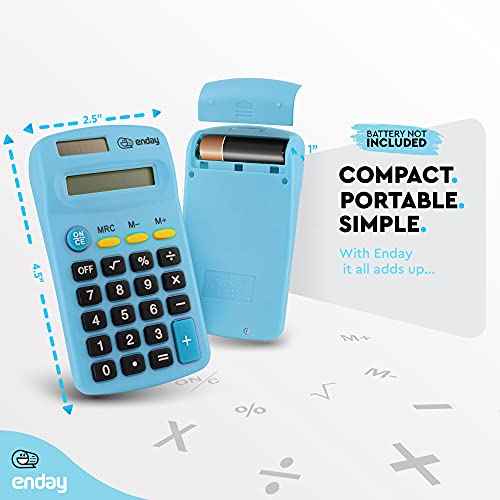 Calculator Blue, Basic Small Solar and Battery Operated, Large Display Four Function, Auto Powered Handheld Calculator School and Kids Available in Green, Red, Purple, Grey, Pink, 1 PK ? by Enday