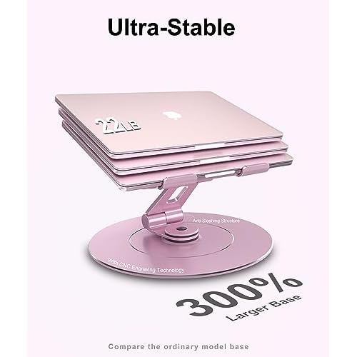 Ultra-Stable Swivel Laptop Stand for Desk, 300% Larger Base Stability, Military-Grade Aluminum, Height Adjustable Stylish Laptop Stand for Women, Suitable for 10"-17.3" Laptops Rose Gold