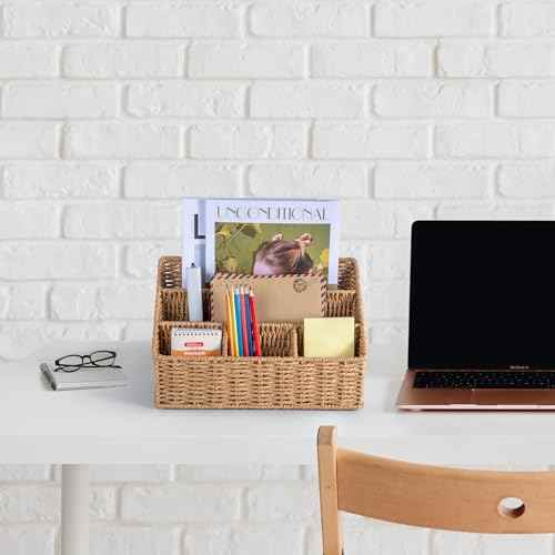 Rattan Desk Organizer, Tabletop Mail Holder, 5 Slot Mail Organizer Countertop Basket, Rattan Office Supplies, Boho Office Desk Accessories, Wicker Desk Organizer, Magazine Holder£¨Wicker£©