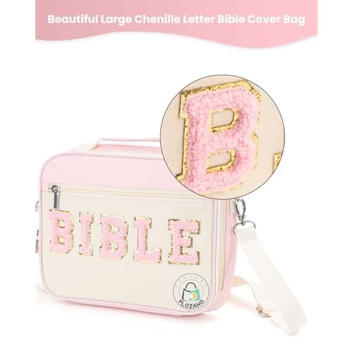 Bible Cover Case for Women, Large Chenille Letter Bible Bag with Shoulder Strap,Pink Bible Carrying Tote Bags for Bible Study Accessories, for Women Lady Teen Grils