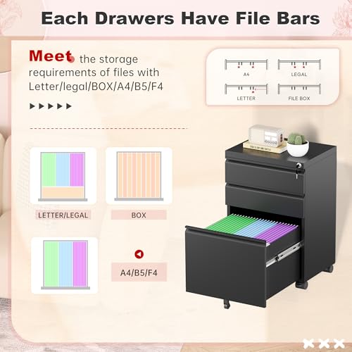 Superday Black 3-Drawer Lockable Mobile File Cabinet with Wheels - Fully Assembled Under-Desk Vertical Office Cabinet (Black / Vertical File Cabinet - 3 Drawer)