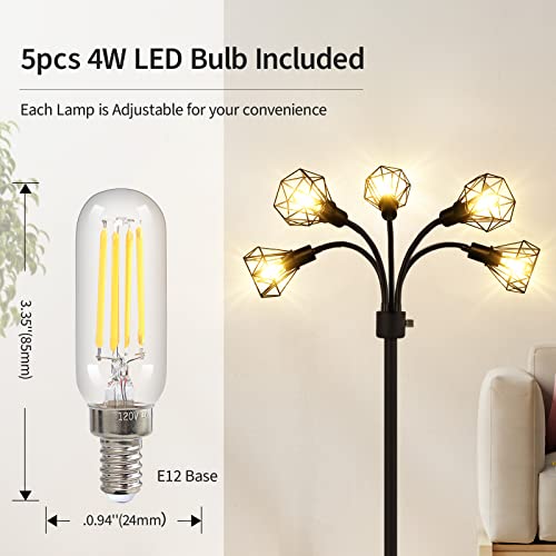 Floor Lamp, Industrial Floor Lamps for Living Room,Tree Standing Lamp Bright with 5 Charm Diamond Head 2000 Lumens Edison Bulbs LED,3 Way Switch,Modern Stand up Lamp for Bedroom Office Farmhouse