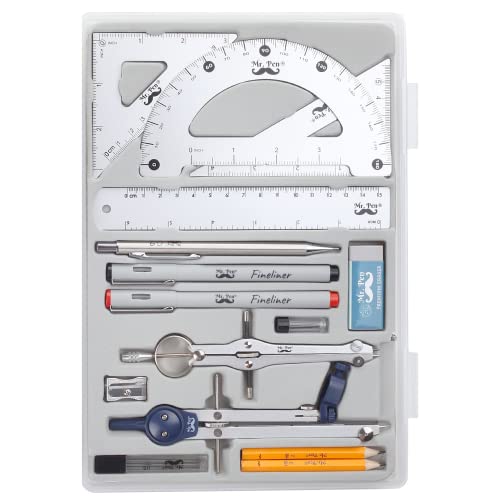 Silver Professional Geometry Set with Drafting Tools - 15 pcs for Students & Artists