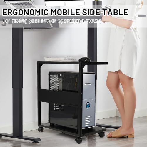 PC Stand Computer Tower Stand 2-Tier Metal CPU Holder with Locking Caster Wheels Suitable for Most PC (Black, L)