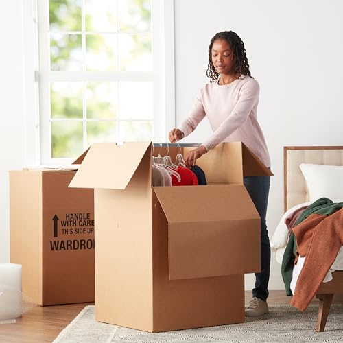 Brown 20x20x34 inch Wardrobe Moving Boxes with Hanger Bar - 3 Pack