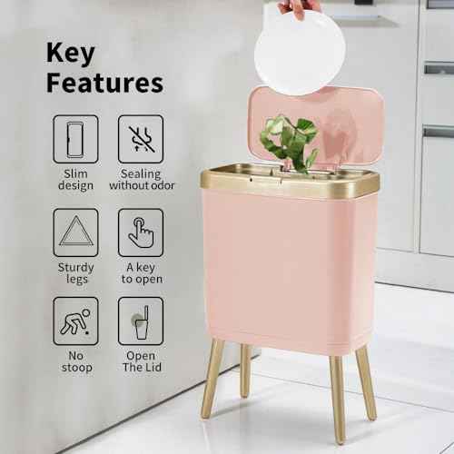 Procade Bathroom Trash Can with Lid, 4 Gallon Pink Garbage Can, Tall Plastic Trash Bin with Push Button, Slim Gold Trash Can Waste Basket for Room, Bedroom,Office,Kitchen