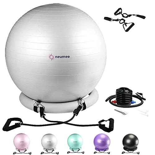 Yoga Ball Chair with 65cm Exercise Ball & 2 Resistance Bands, Stability Base for Home Office, Yoga, Pilates & Fitness, Balance Ball for Posture, Core Strength & Low Impact Workouts