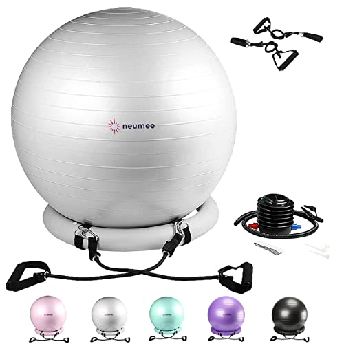 NEUMEE 65cm Yoga Ball Chair with 2 Resistance Bands - Grey, Stability Base, Posture & Core