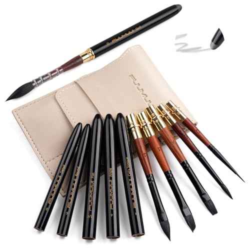 Travel Watercolor Brushes, Fuumuui Professional 6pcs Natural Soft Squirrel Hair Watercolor Travel Brush Set with Graphite Tip Pen Perfect for Watercolor Gouache Ink Painting