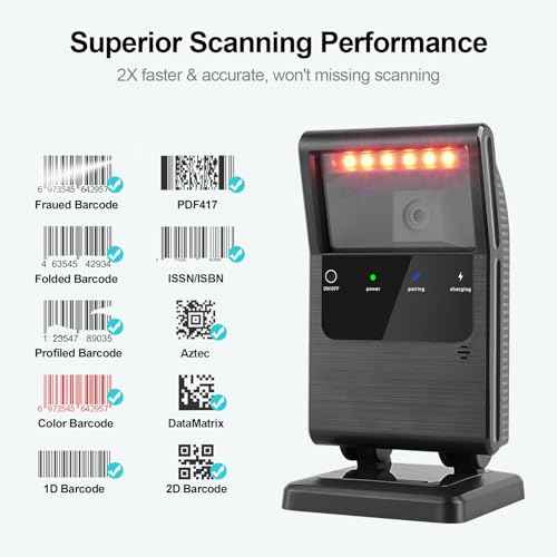 OBZ 2D QR Bluetooth Wireless Barcode Scanner Hands-Free Omnidirectional Desktop Barcode Scanner, Bluetooth & 2.4G & USB Wireless Barcode Reader for Supermarket, Store£¬POS,PC
